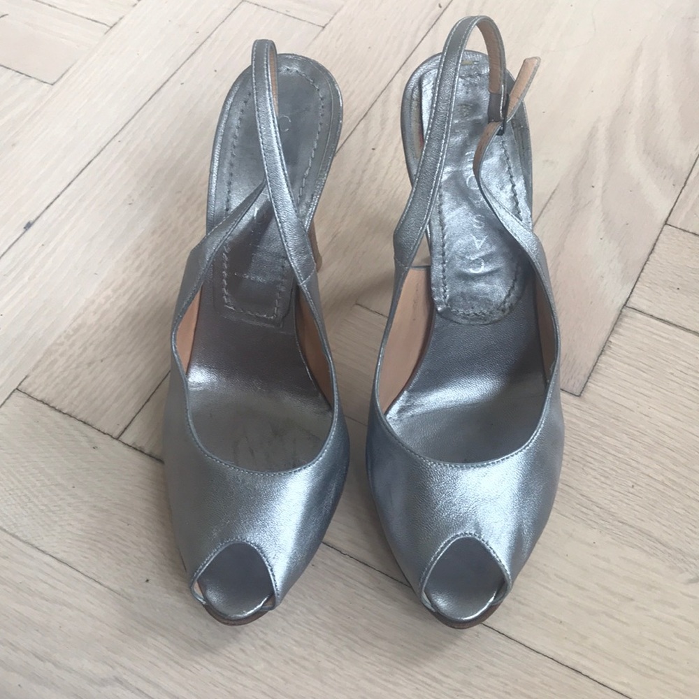Casadei leather peep toe high heel silver shoes